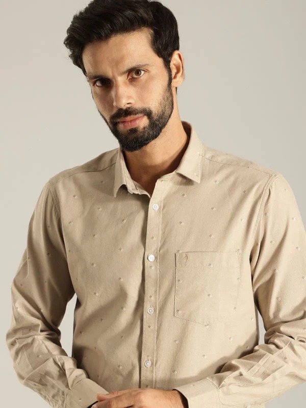 Indian Terrain Men's Slim Fit Full Sleeve All Over Print Khaki Shirt